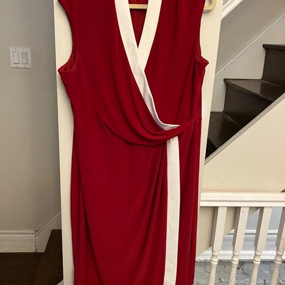 Kasper Women's Red and White Colorblocked Faux-Wrap Cap-Sleeve Dress NWT - Picture 3 of 10